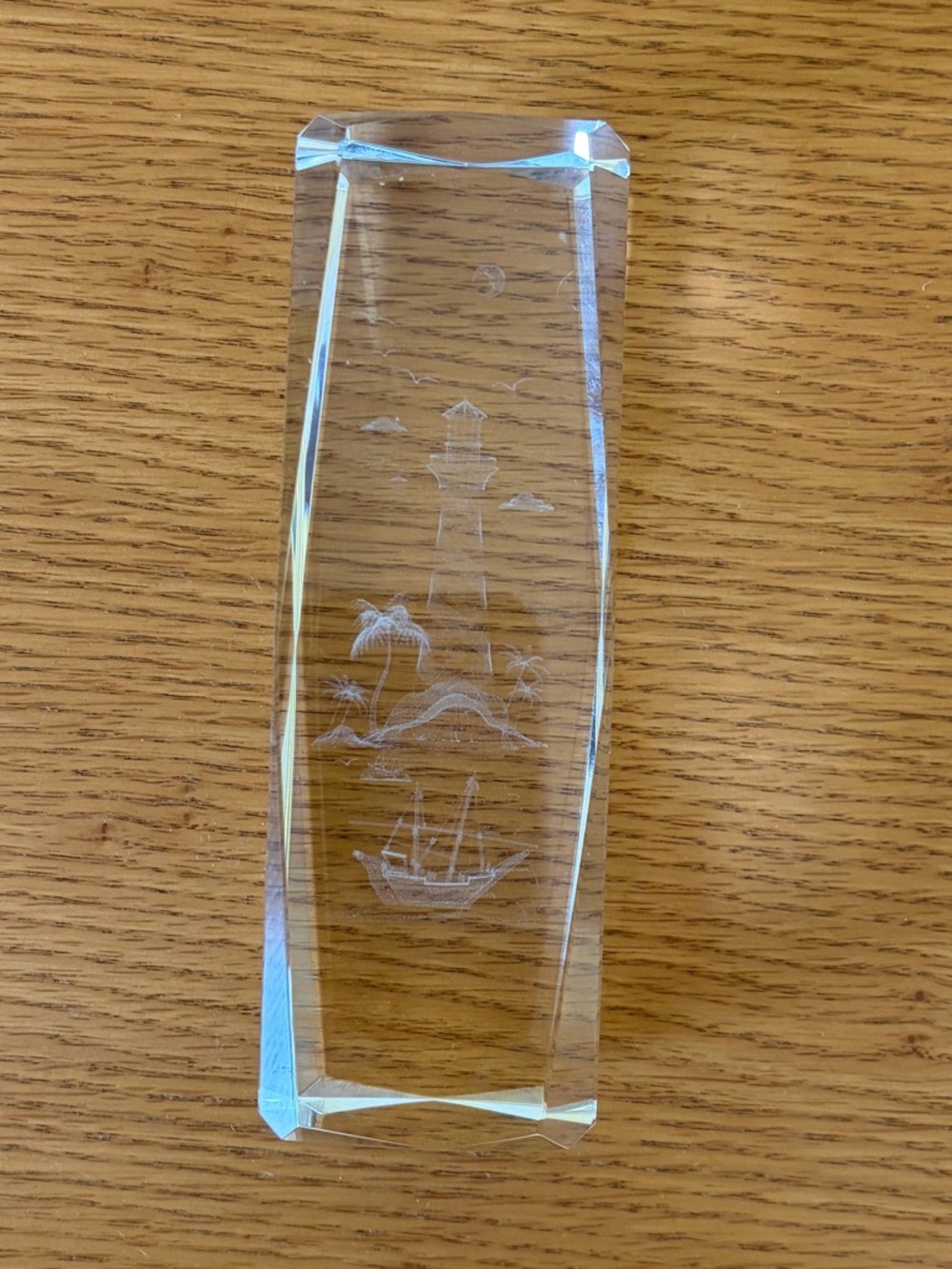 Faceted Clear Crystal Paperweight with Etched Nautical Design